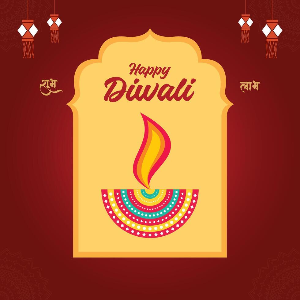 Happy diwali design with diya oil lamp elements on orange background. vector