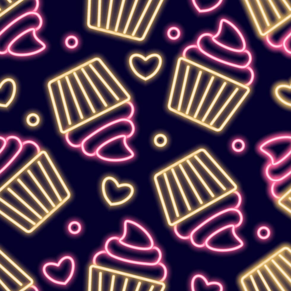 Neon seamless pattern with romantic Valentines Day themed icons. vector