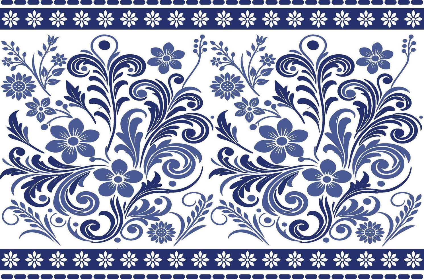 blue seamless floral pattern with detailed tulip and leaf elements with a traditional border design for fabric, textile background, and elegant fashion prints vector