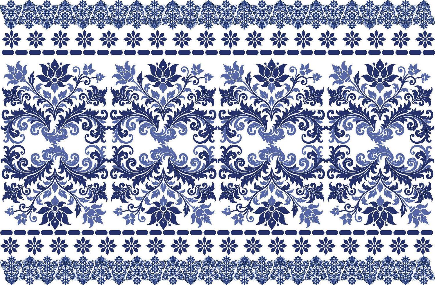 blue seamless floral pattern with vibrant tulip blooms, flowing leaf patterns, and a traditional border design for fabric background, textile designs, and timeless print patterns vector