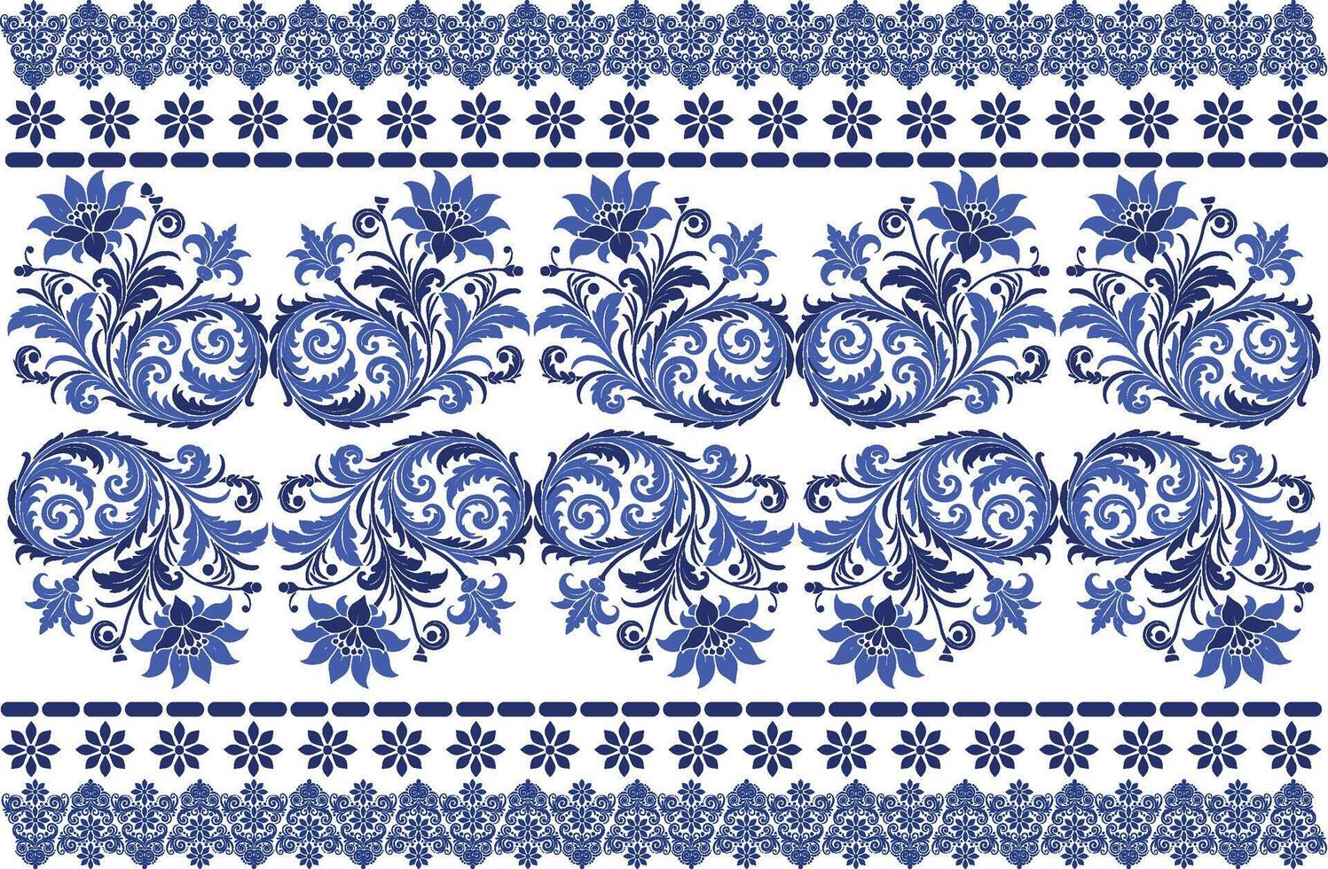 blue seamless floral pattern with elegant tulip petals, ornamental leaf designs, and a classic frame for fabric background, textile prints, and intricate pattern designs vector