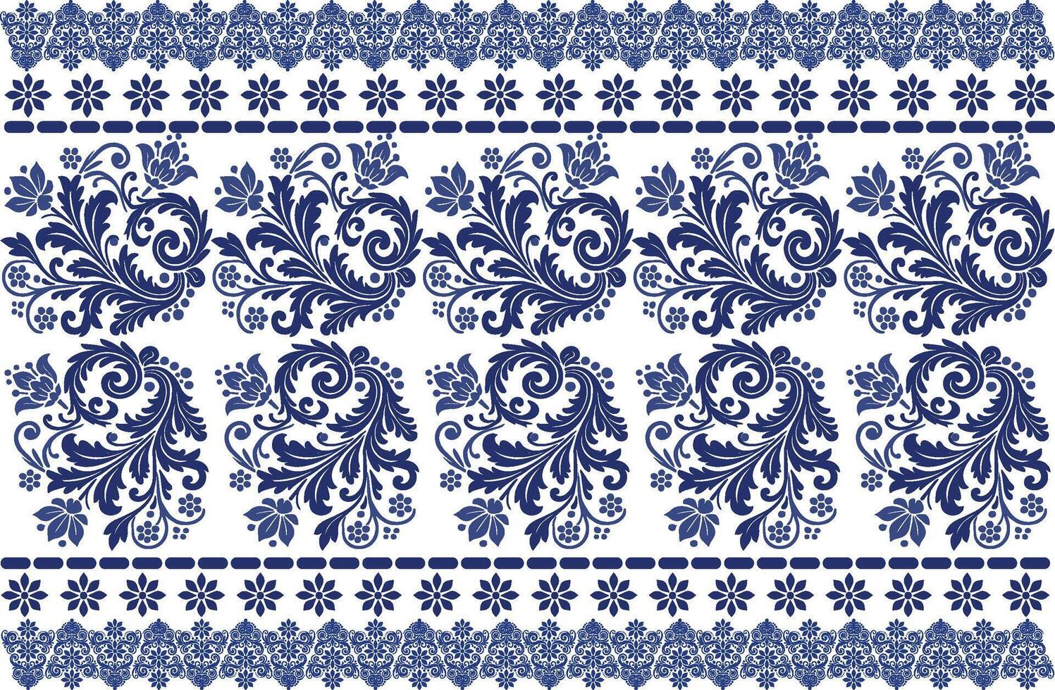 blue seamless floral pattern with stylized tulip flowers, intricate vine motifs, and a classic border design for fabric, textile background, and decorative print patterns vector