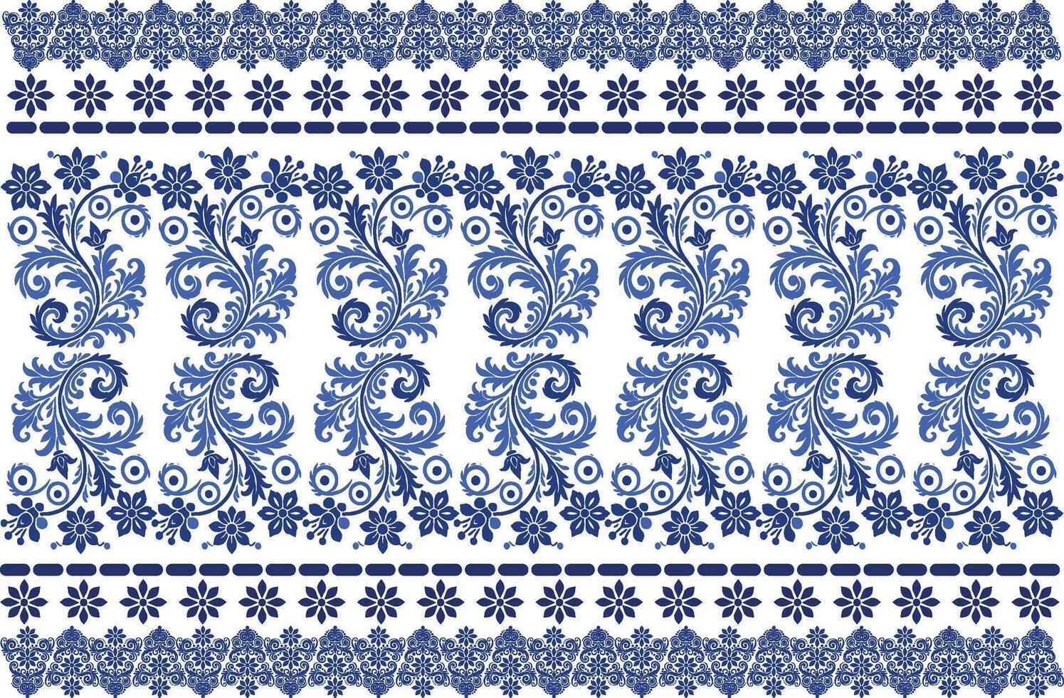 blue seamless floral pattern with vibrant tulip motifs, intricate leaf details, and traditional border design for textile background, fabric prints, and timeless patterns vector