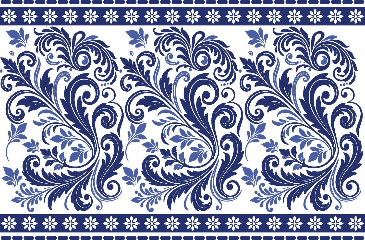 blue seamless floral pattern featuring tulip blossoms and leaf details with a traditional border for fabric background, textile prints, and classic design patterns vector