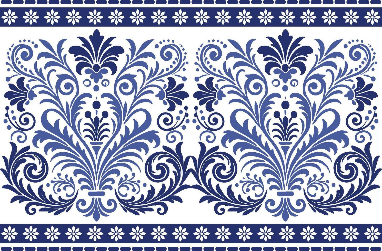 blue seamless floral pattern with vibrant tulip blossoms and intricate leaf details framed by a classic border for fabric background, textile prints, and elegant design patterns vector