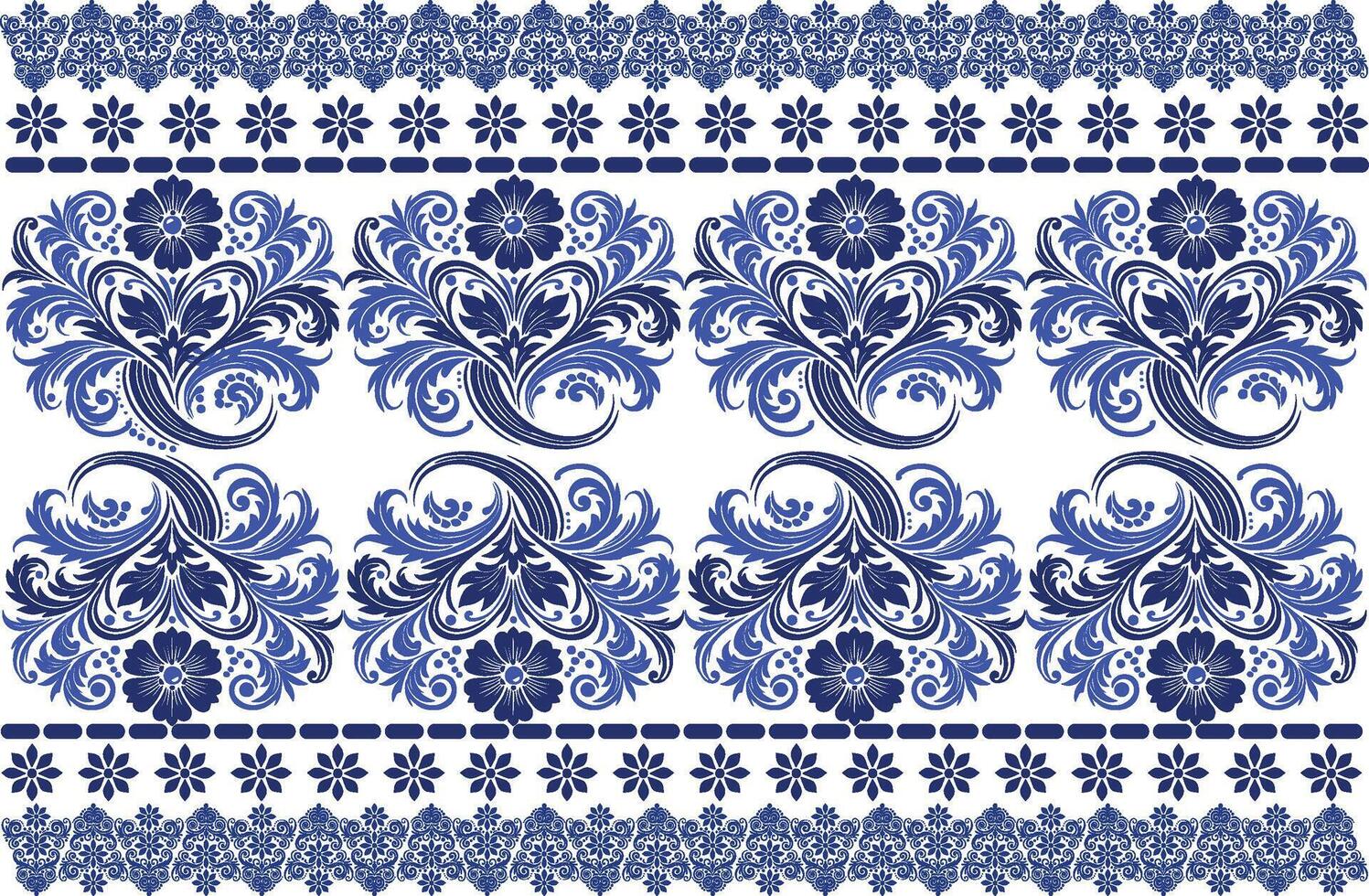 blue seamless floral pattern with delicate tulip blossoms, intricate leaf designs, and a traditional border for textile background, fabric prints, and decorative design motifs vector