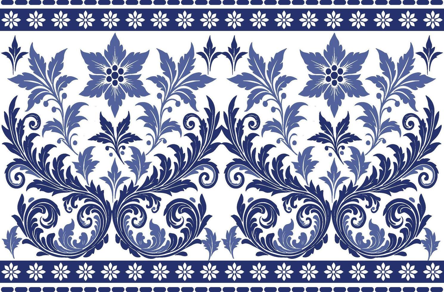 blue seamless floral pattern with elegant tulip designs, delicate leaf motifs, and a classic border for textile fabric background, vintage prints, and stylish patterns vector