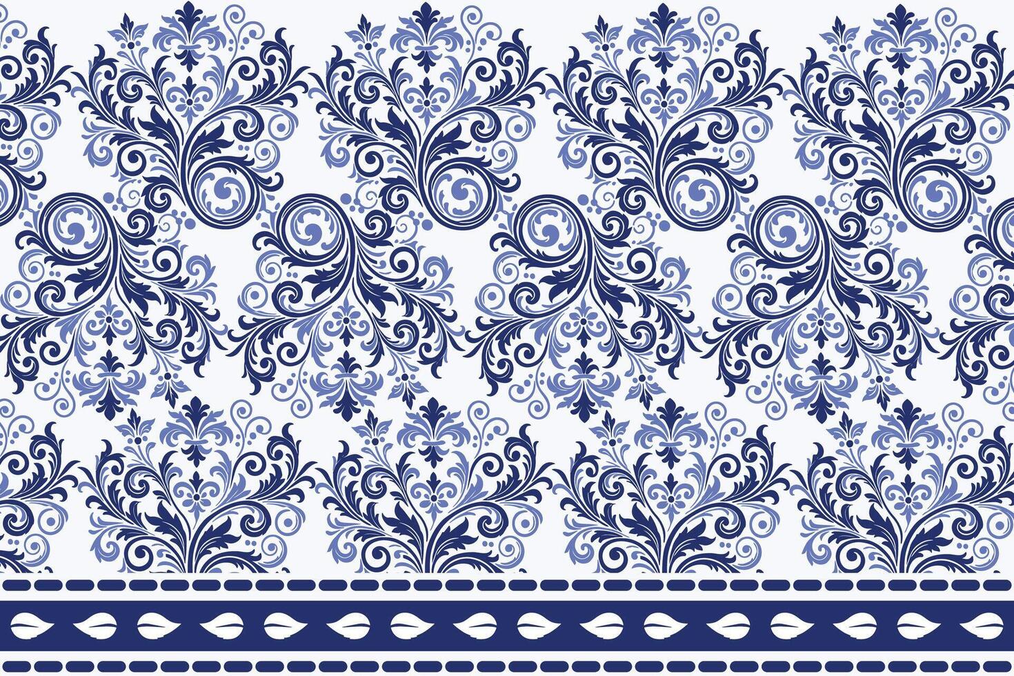 blue seamless floral pattern with vintage tulip motifs ornamental leaves and traditional border design for textile fabric background and fashion prints vector