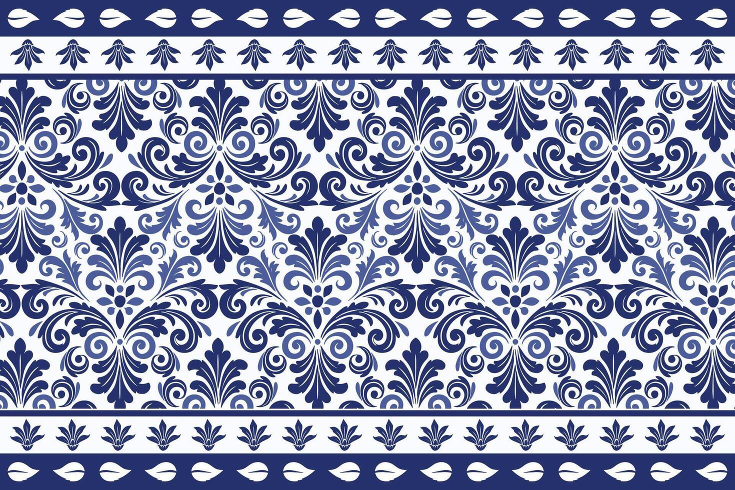 blue seamless floral pattern with intricate tulip illustrations and elegant leaf patterns framed by a traditional border for textile background and decorative fabric prints vector