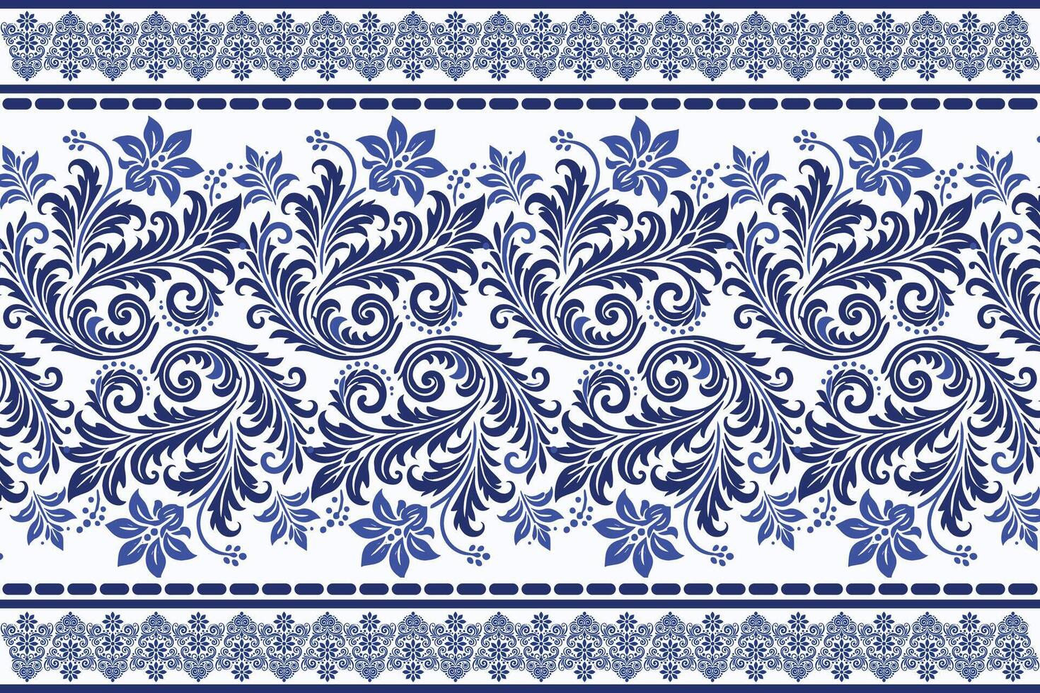 blue seamless floral pattern with classic tulip motifs and decorative leaf design featuring traditional border for fabric textile background and elegant fashion prints vector