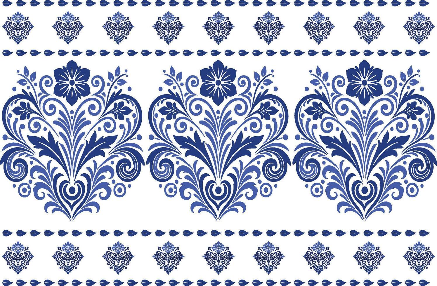 blue seamless floral pattern with detailed tulip designs, flowing foliage elements, and a classic border for fabric background, textile prints, and decorative pattern artwork vector