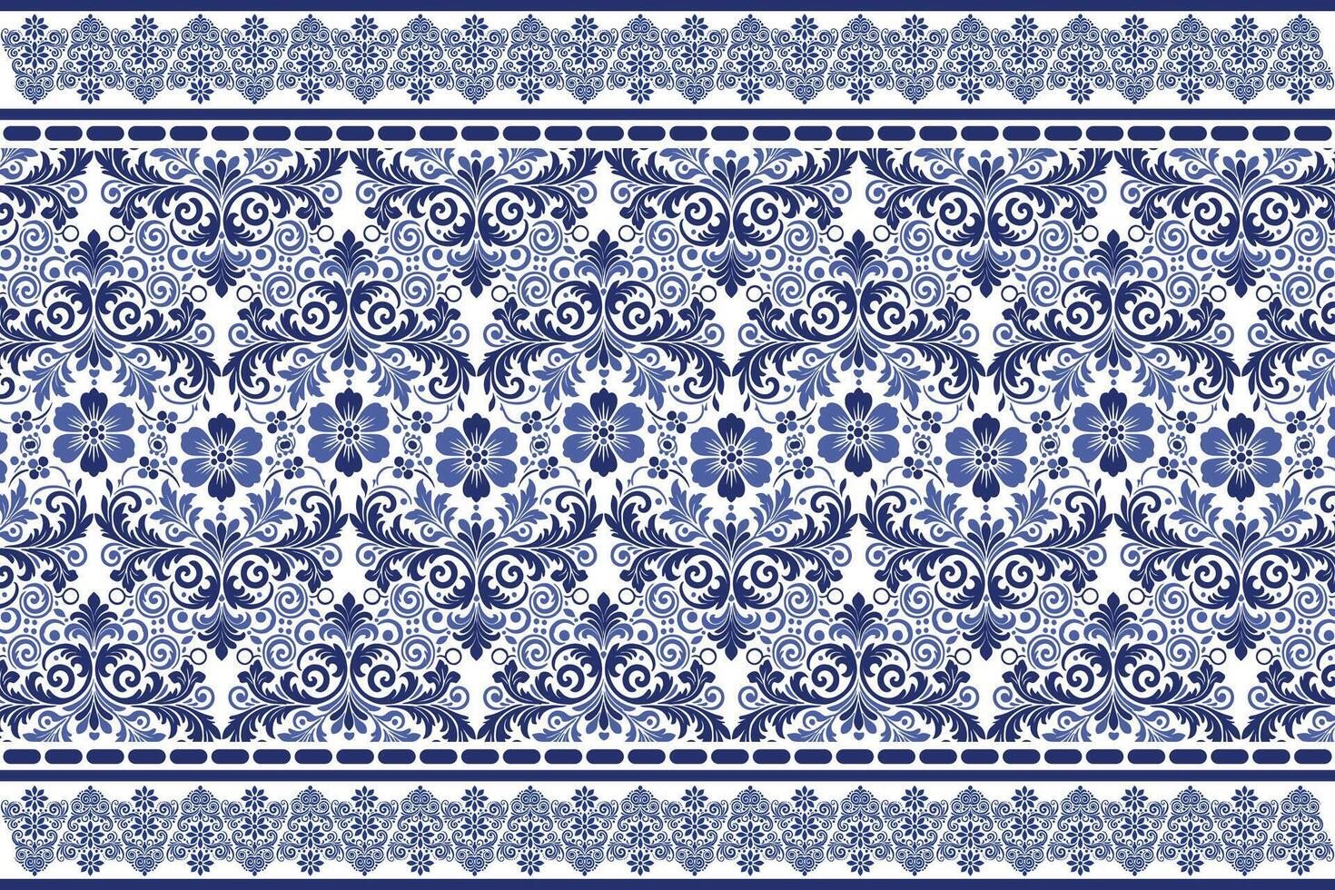 blue seamless floral pattern featuring vintage tulip motifs and ornamental leaves with a traditional border design for fabric textile background and fashion prints vector