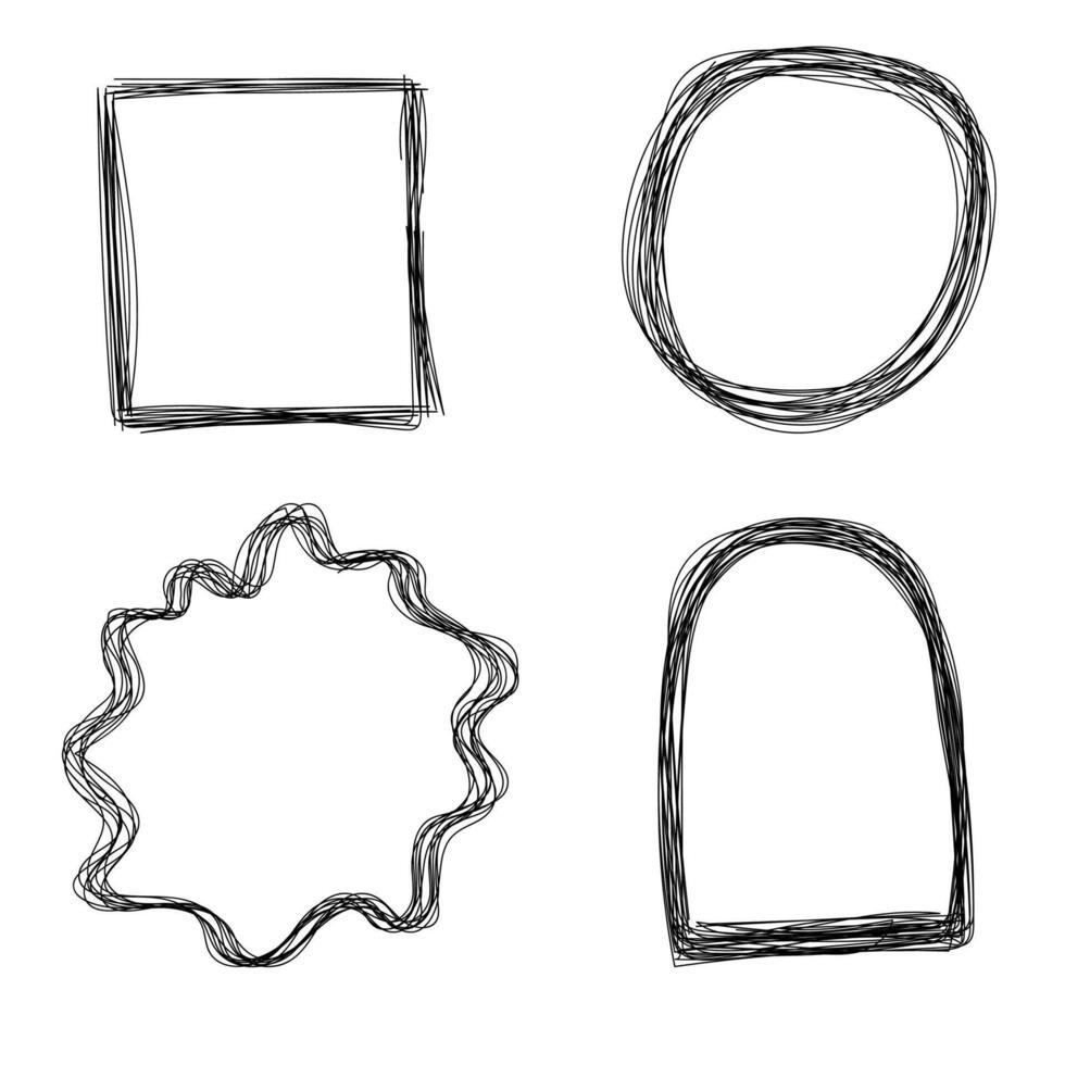 A set of four black frames of different shapes drawn in doodle style vector