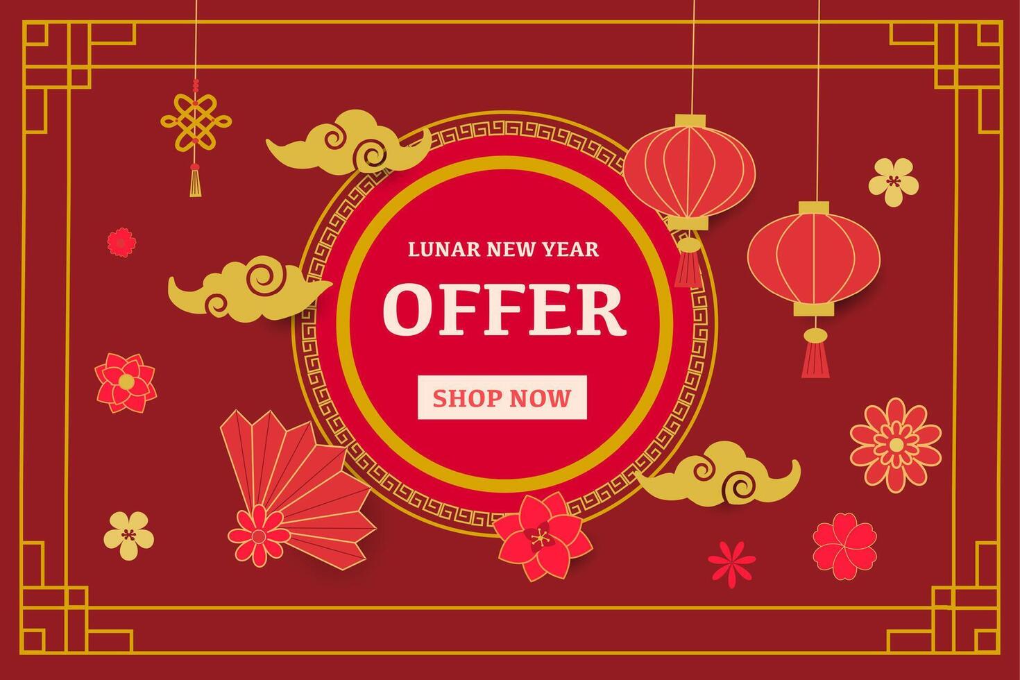 Stylish banner with oriental flowers, lucky symbols, and lanterns. vector