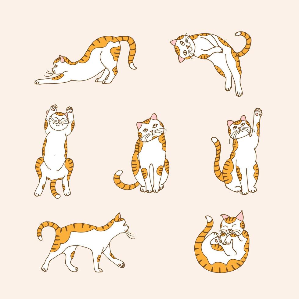 a set of white cats with red spots, hand drawn in a cartoon style. vector