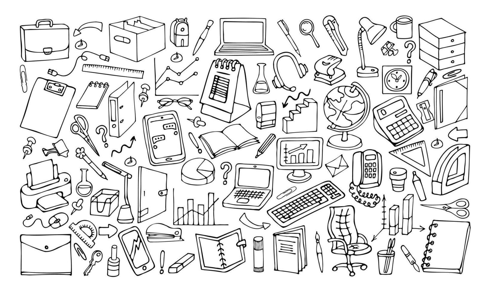 a set of black and white doodle pictures of stationery for office and school, hand-drawn in a cartoon style. vector