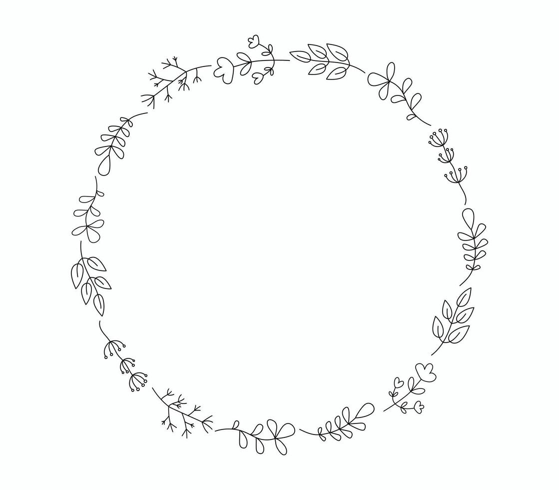 Set of simple drawings of plants, flowers, branches, leaves. Round frame, plant border. Hand drawn linear icons. Background, place for text. vector