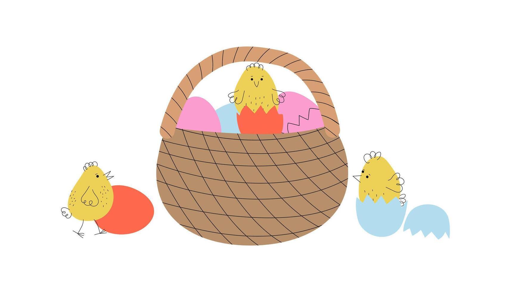 Chickens, basket with Easter eggs. Cartoon funny chickens, animals, poultry. Hand drawn doodle line icons, simple holiday design. vector