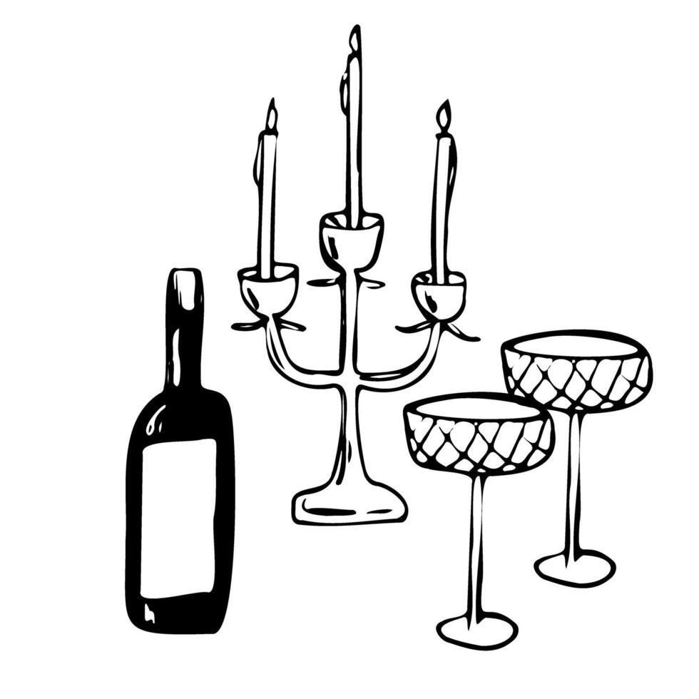 Minimalistic hand drawn line art illustration of a wine bottle, candelabra with lit candles, and elegant glasses. Perfect for romantic, festive, or formal dinner-themed projects or invitations vector