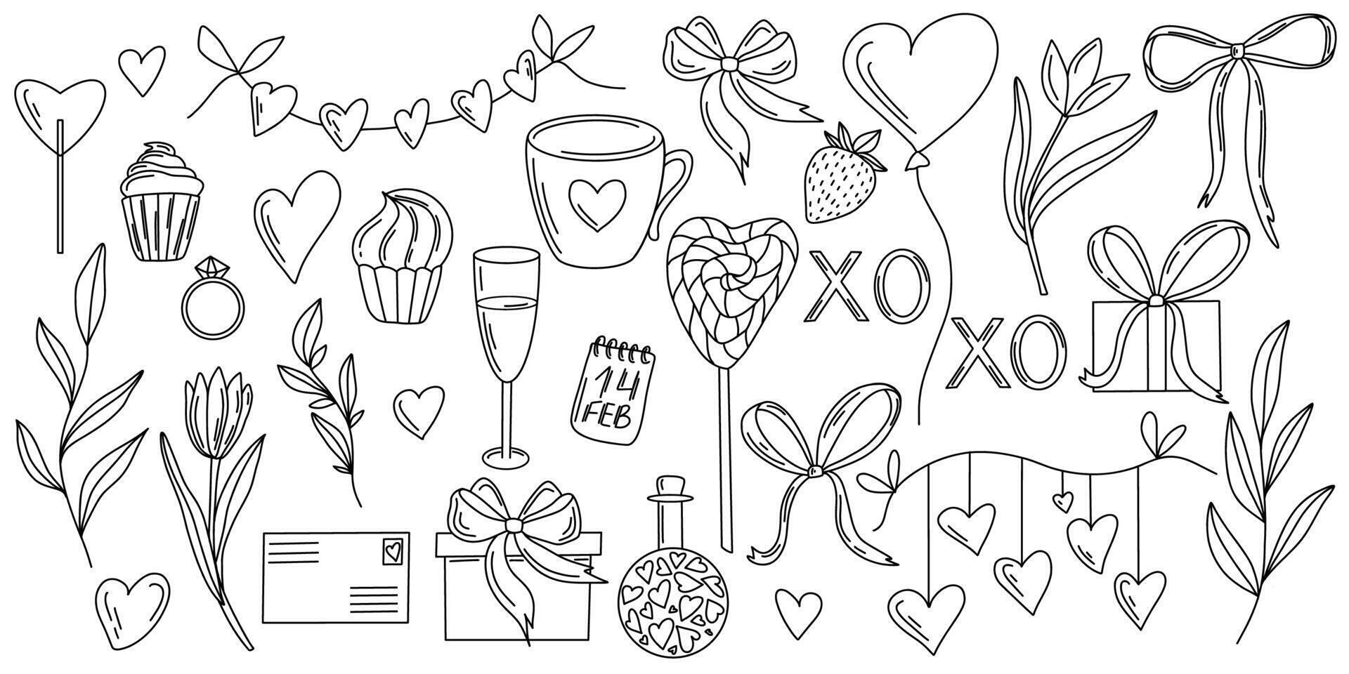 Romantic black and white doodle illustration for Valentines Day. hearts, flowers, ribbons, and festive elements in hand drawn style. Ideal for greeting cards, patterns, and digital art vector
