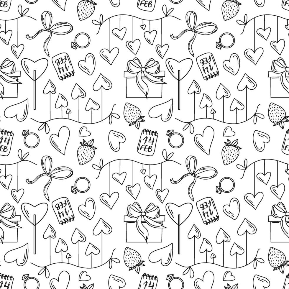 Valentines Day seamless pattern with hand drawn hearts, gift boxes, ribbons, strawberries, and festive elements in black. doodle style. Perfect for wrapping paper, textiles, and digital backgrounds vector