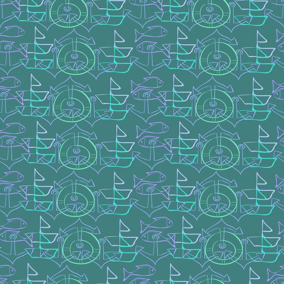 Seamless pattern with marine elements in neon style in green turquoise tones vector