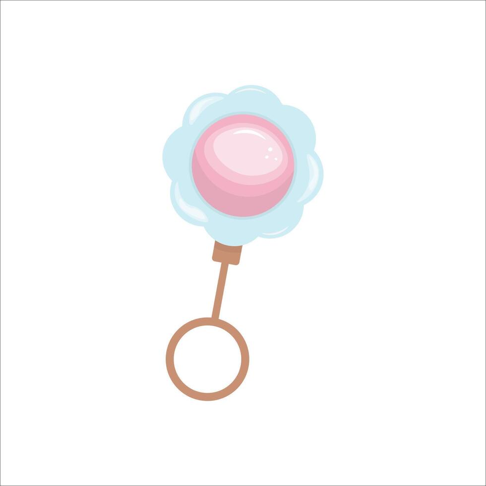 Baby rattle in shape of flower with ball isolated on white background. Toy for newborns. Baby shower theme. For flyer, sticker, card, logo, symbol. vector