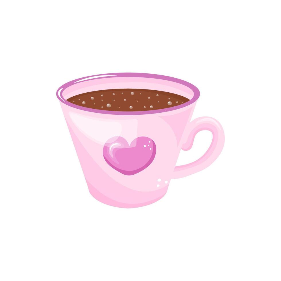 Hot Cocoa Mug with Heart Design. In pink. Valentine's Day Element. Stock isolated clipart on a white background. vector