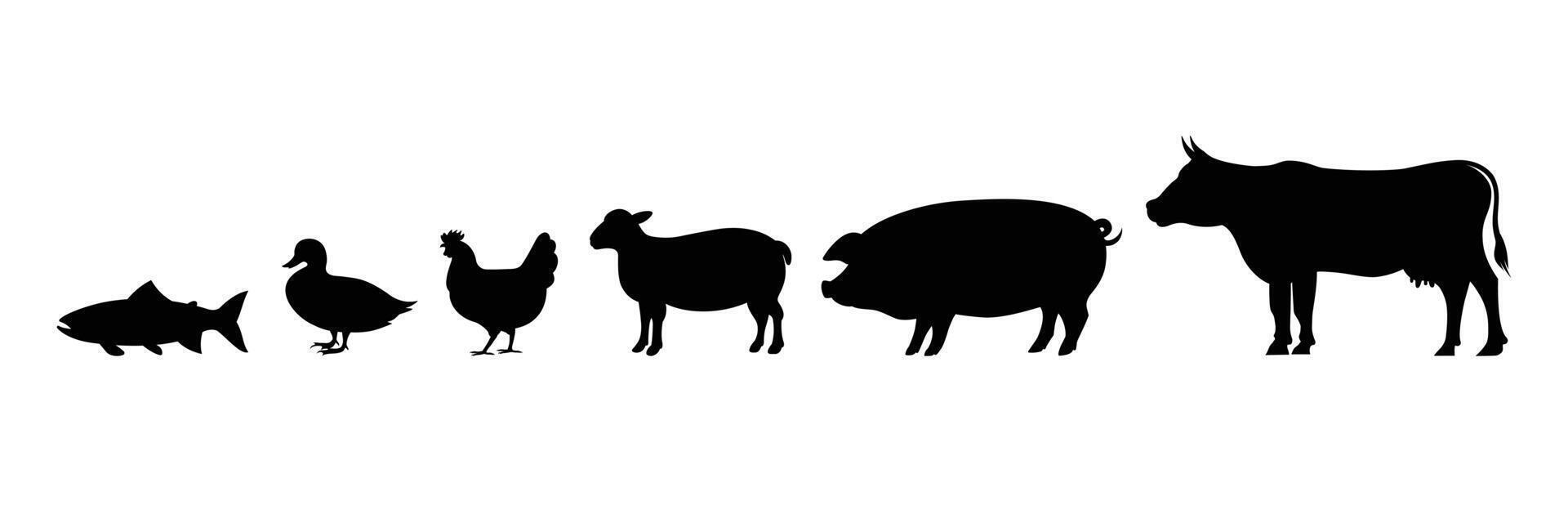 Animal silhouette design. Farm animals include chicken, fish, duck, pig, sheep, lamb, and cow icons. vector