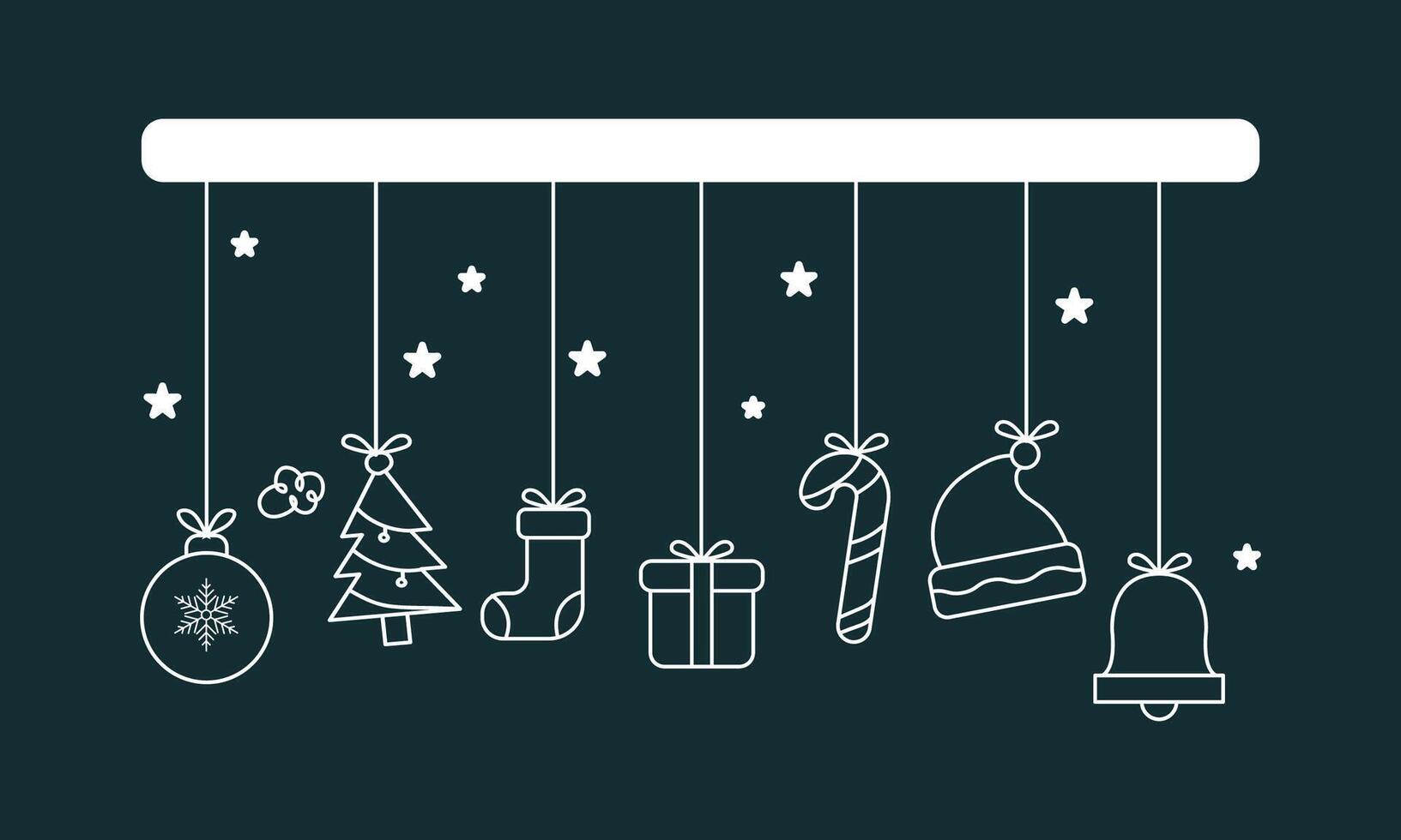 Hanging Christmas Icons Decorations with Lamp, Tree, Shoes, Candies, Santa Hat, and Bell on Green Background vector