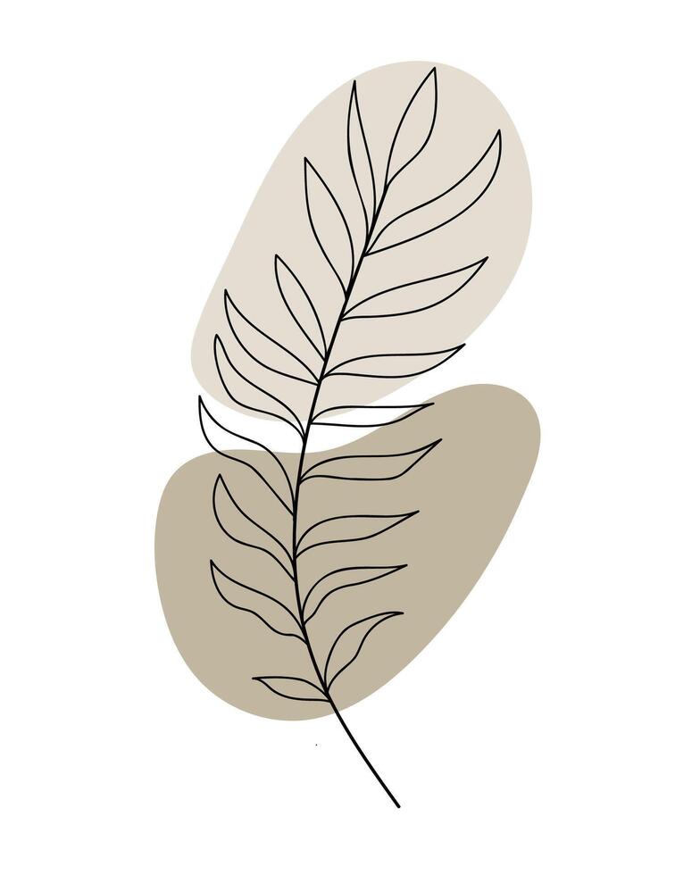 Hand-drawn line art tropical palm leaf on abstract stones. illustration vector