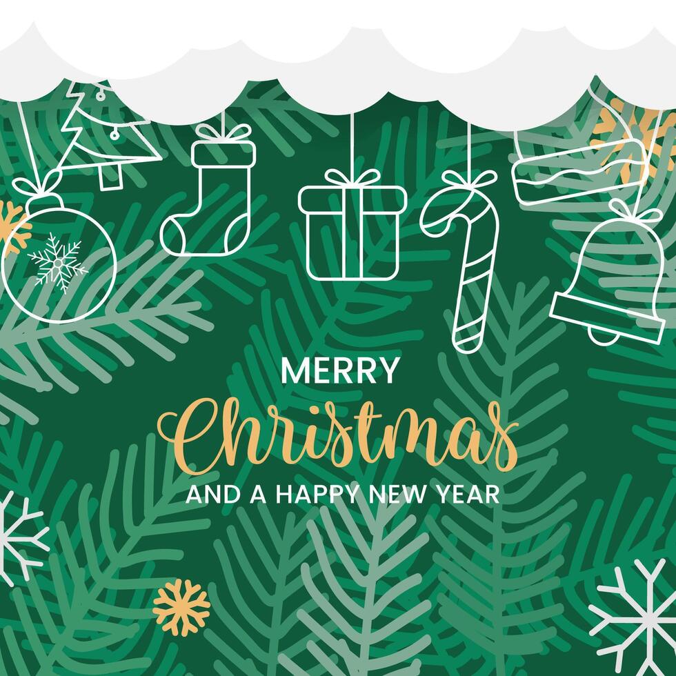Merry Christmas and Happy New Year Lettering with Clouds, Decorations, and Green Pine Leaves Background. vector