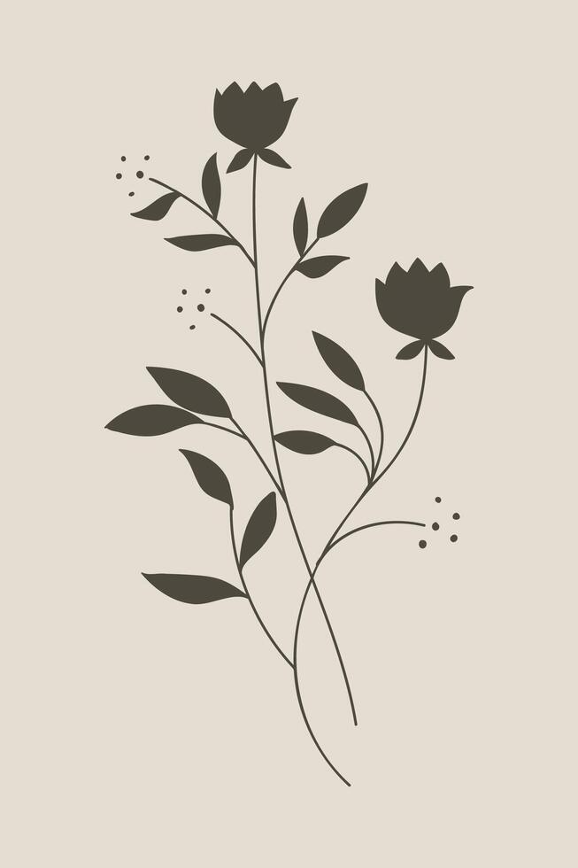 Vintage wildflower silhouettes in brown with trees and branches. vector