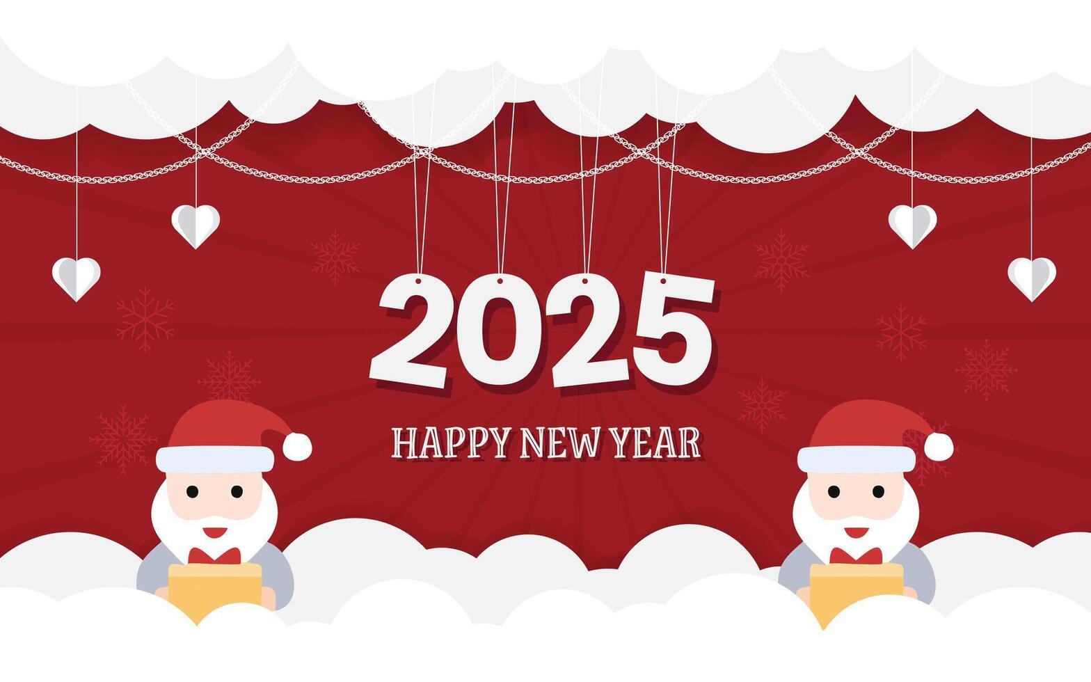 Happy New Year 2025 red paper cut card design with paper clouds,hearts and santa claus. illustration vector