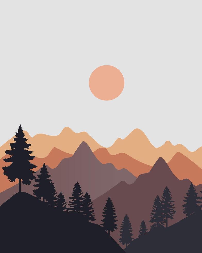 Abstract mountains vertical landscape with silhouette trees background. Illustration vector