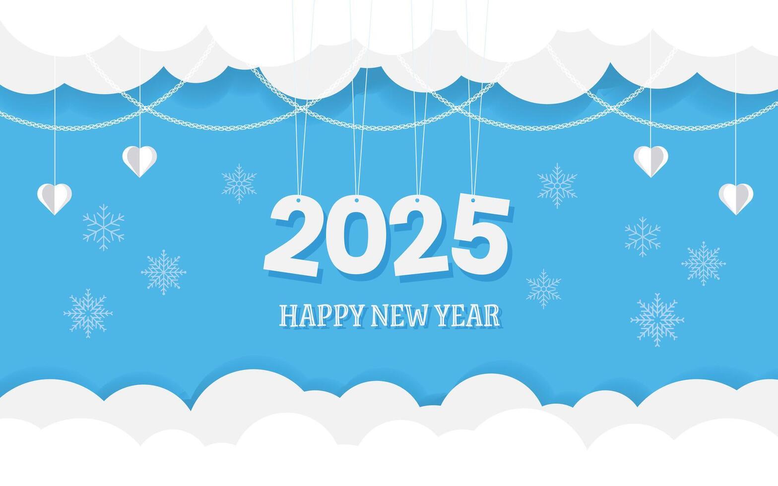 Happy New Year 2025 design featuring hanging clouds and hearts on a blue background. illustration vector