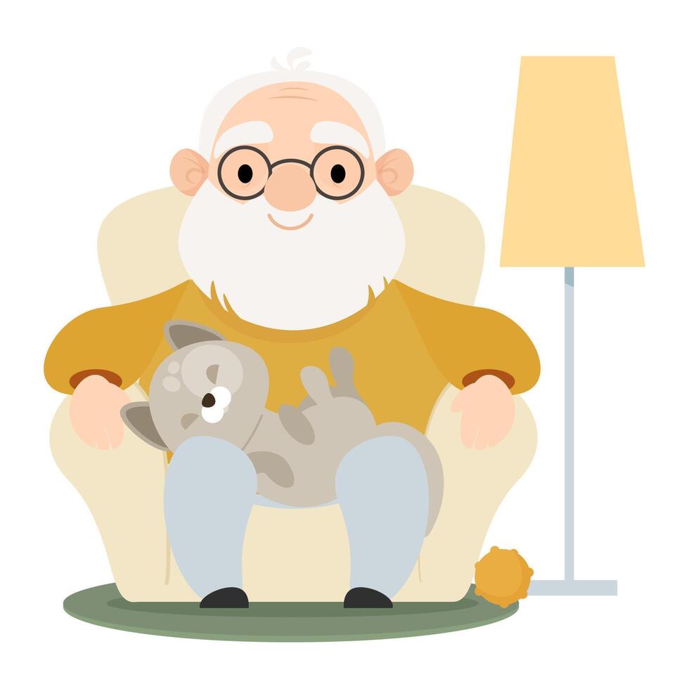 Senior elderly man sits in a soft chair at home with a cat on his lap vector
