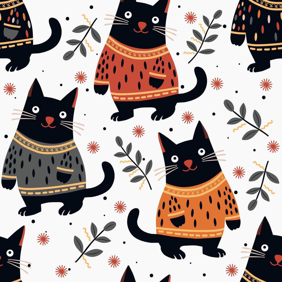 black funny cats on a white background. seamless pattern vector