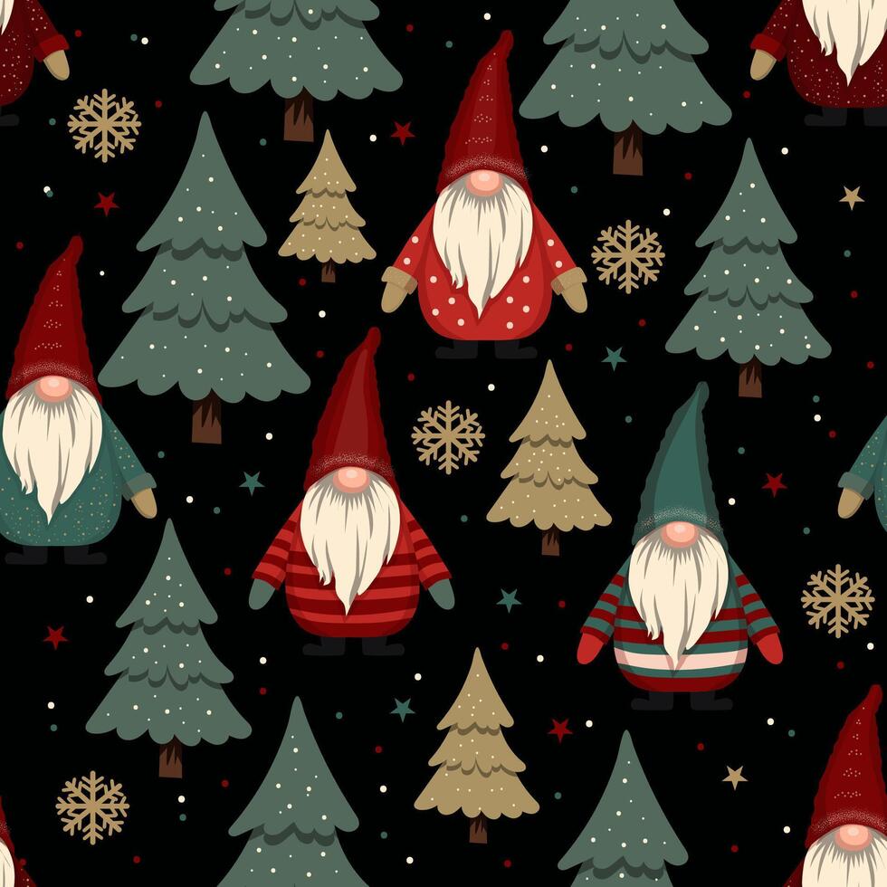 Christmas gnomes with fir trees and snowflakes on a black background vector