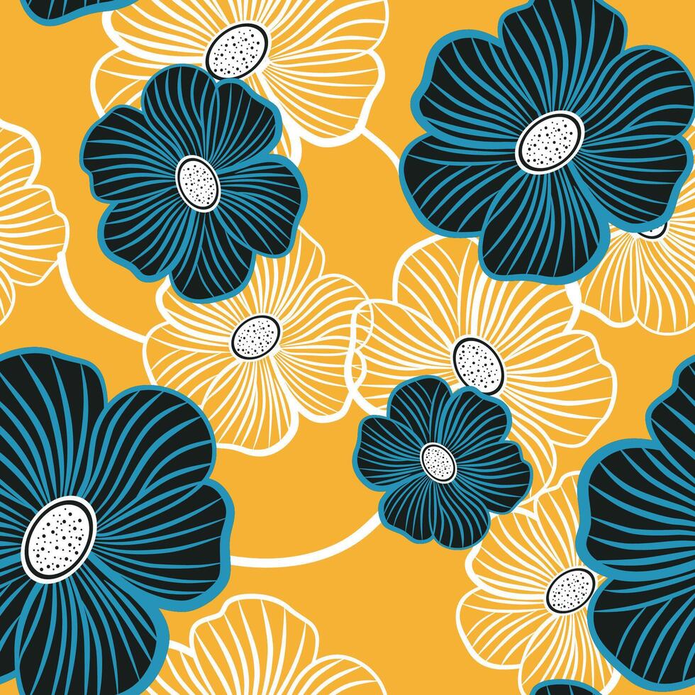 blue flowers on a yellow background. seamless pattern vector