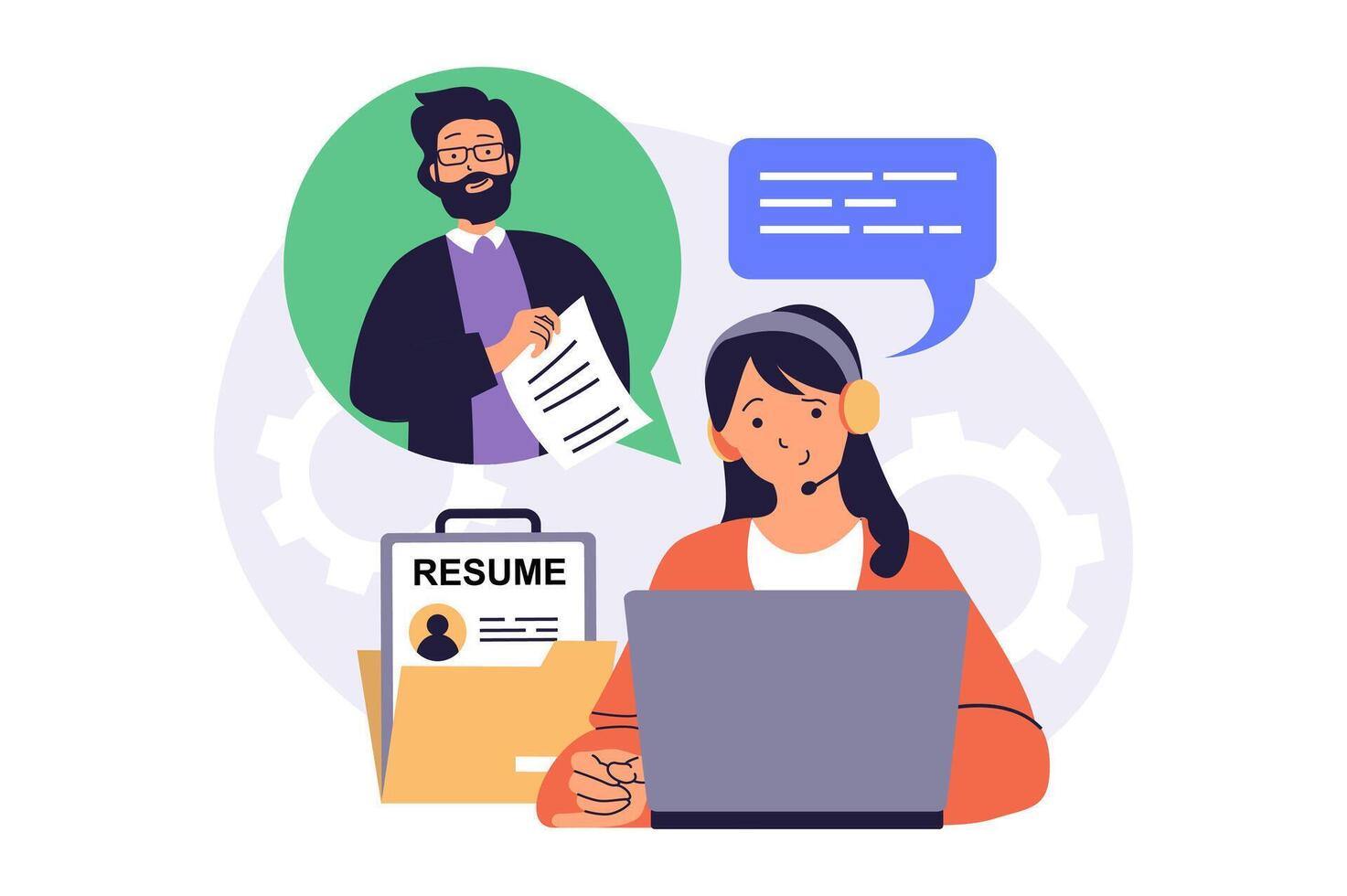 Online job interview web concept with flat cartoon people for website design. Woman talking with job candidate by call, selecting best resume, searching office employees. illustration. vector
