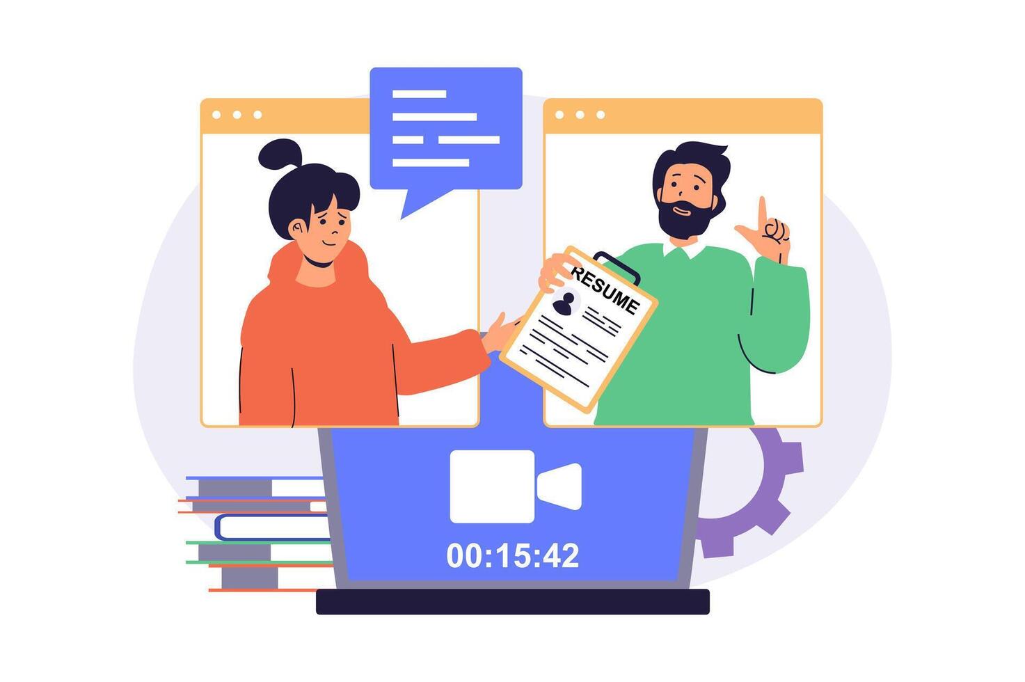 Online job interview web concept with flat cartoon people for website design. Man and woman talking at candidate interview by call, HR agent searching employees to staff. illustration. vector