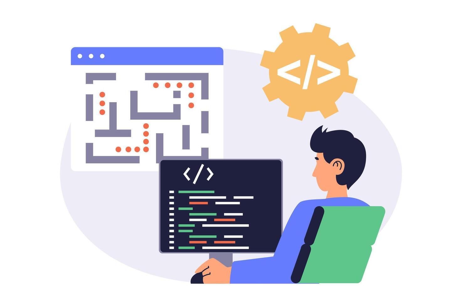 game developer web concept with flat cartoon people for website design. Man creating and writing code for simple computer game, programming at screen, testing interface. illustration. vector