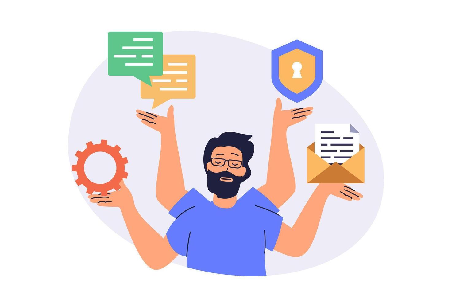 System administrator web concept with flat cartoon people for website design. Man does maintenance to server infrastructure, making updates, protecting service and chatting. illustration. vector