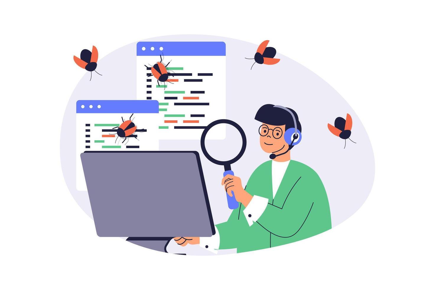 Software testing web concept with flat cartoon people for website design. Man with magnifier looking bugs and errors, finding mistakes in program code, fixing and debugging code. illustration. vector
