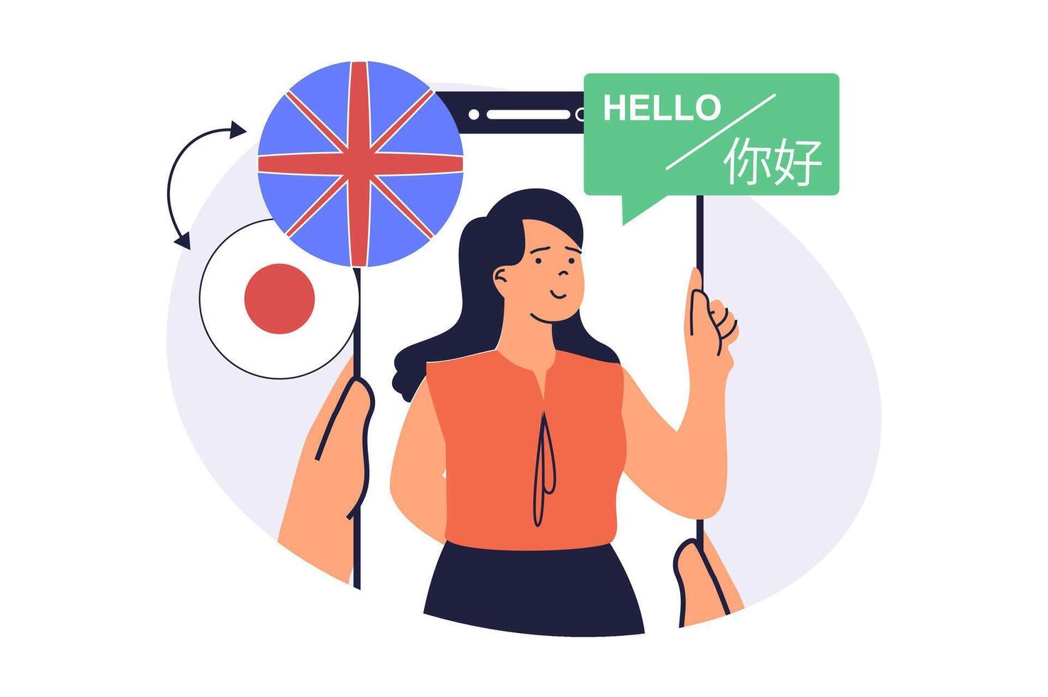 Studying foreign language online web concept with flat cartoon people for website design. Student learning japanese at online course with teacher at mobile app, talks with native. illustration. vector