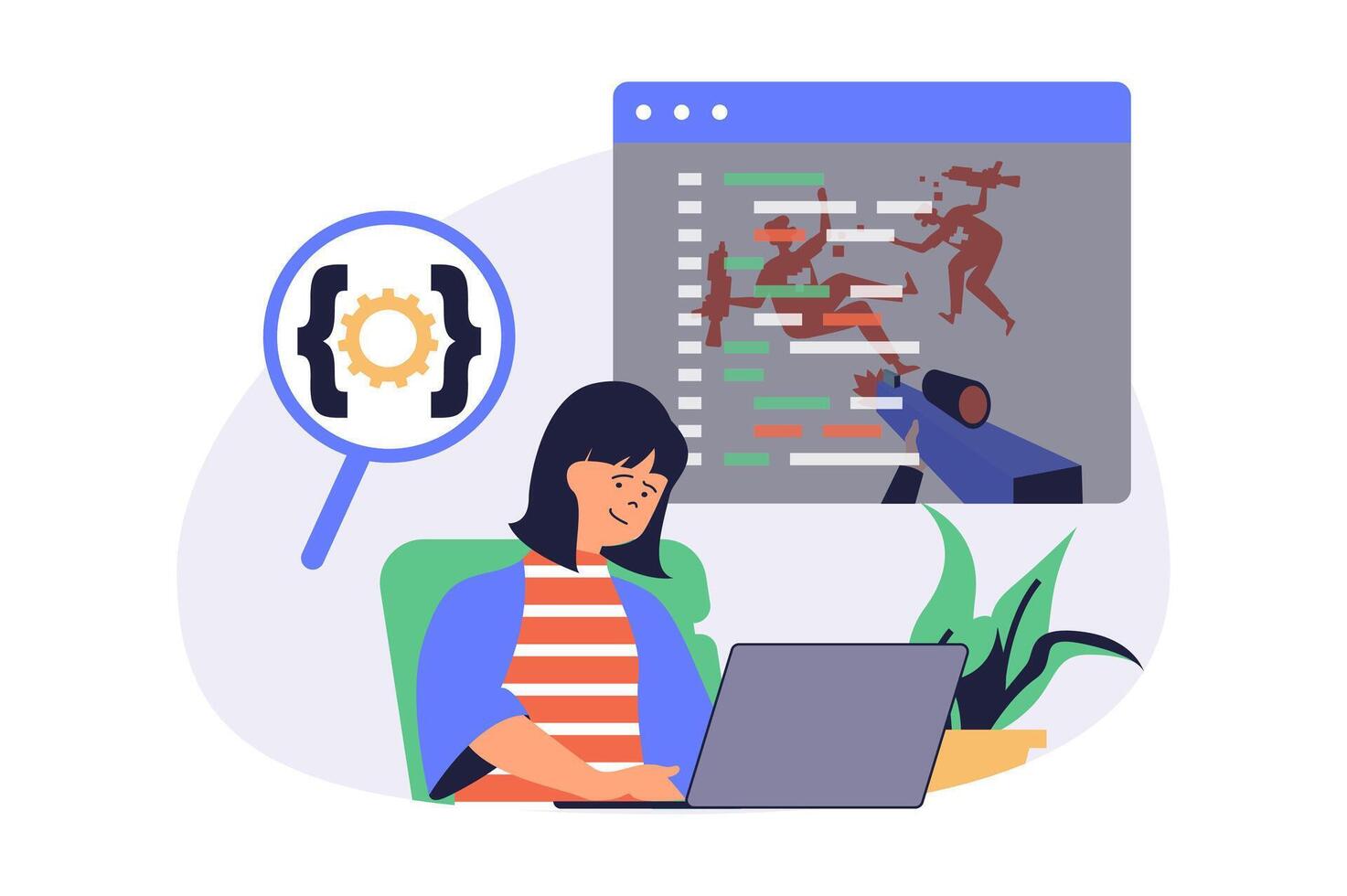 game developer web concept with flat cartoon people for website design. Woman programming and coding at new shooter project, creating virtual game play process at laptop. illustration. vector