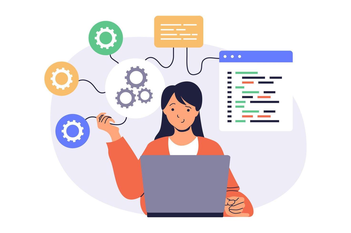 System administrator web concept with flat cartoon people for website design. Woman monitoring server infrastructure at laptop, checks problems, doing maintenance and settings. illustration. vector