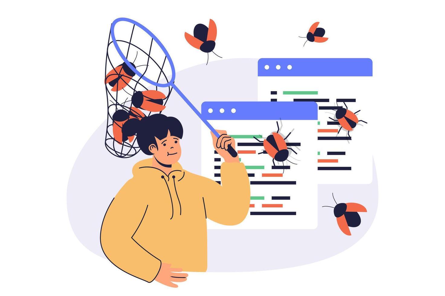 Software testing web concept with flat cartoon people for website design. Woman with catch net looking program bugs, finding errors in program, debugging code, fixing mistakes. illustration. vector