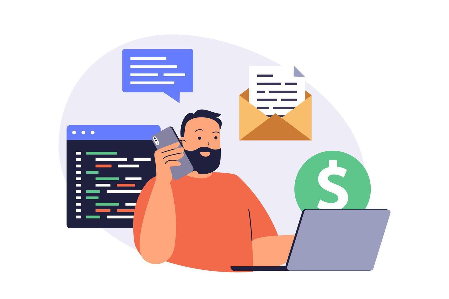 Multitasking web concept with flat cartoon people for website design. Man doing different tasks in office, calling by phone, coding and programming at laptop, earning money. illustration. vector